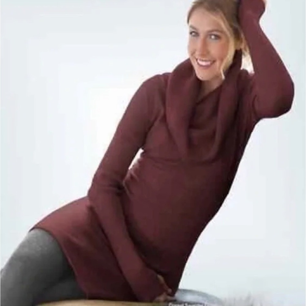 Athleta Dorset Sweater Dress L Wine Red Organic Cotton Wool Cowl Neck 929692